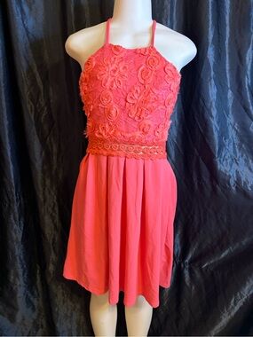 Ina Coral Halter Lace-Applique Mini Dress